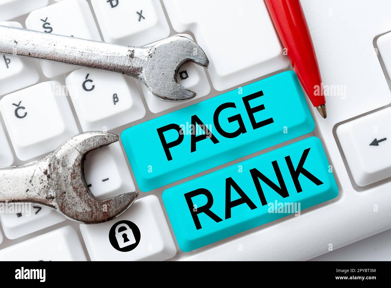 Schreiben mit Anzeige des Textes Seitenrang. Unternehmen präsentieren einen Wert, der einer Webseite als Maß für ihre Beliebtheit zugewiesen wird Stockfoto