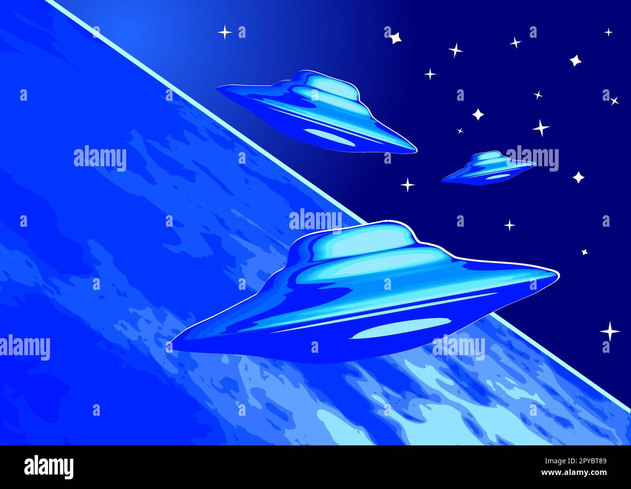 Drei UFO in Nachthimmel-Vektordarstellung Stockfoto