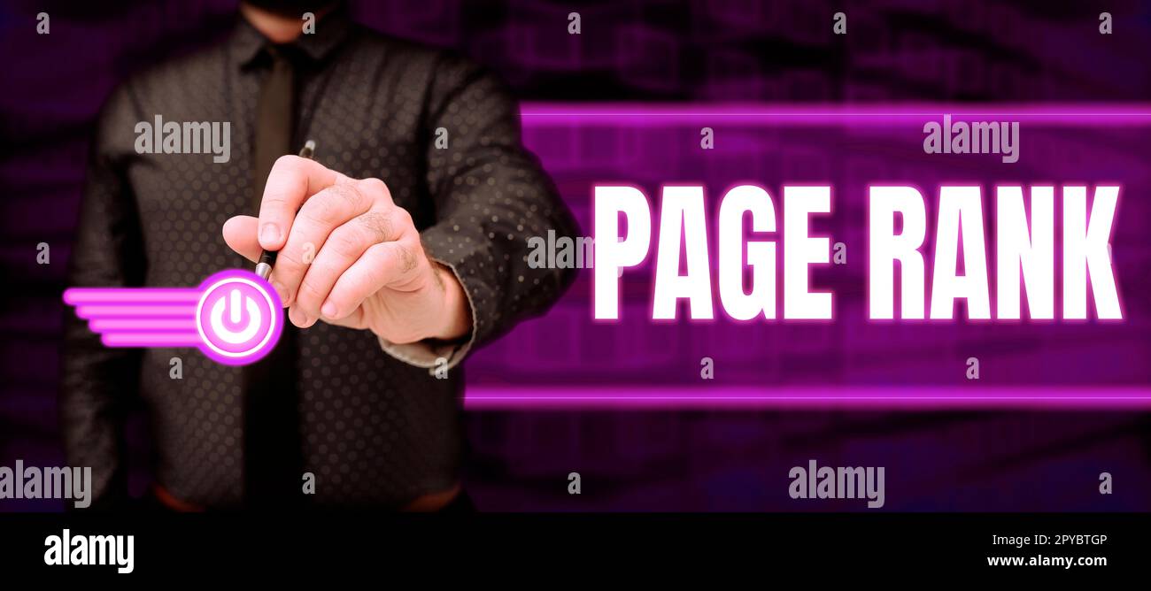 Textüberschrift mit Seitenrang. Geschäftsansatz ein Wert, der einer Webseite als Maß für ihre Beliebtheit zugewiesen wird Stockfoto