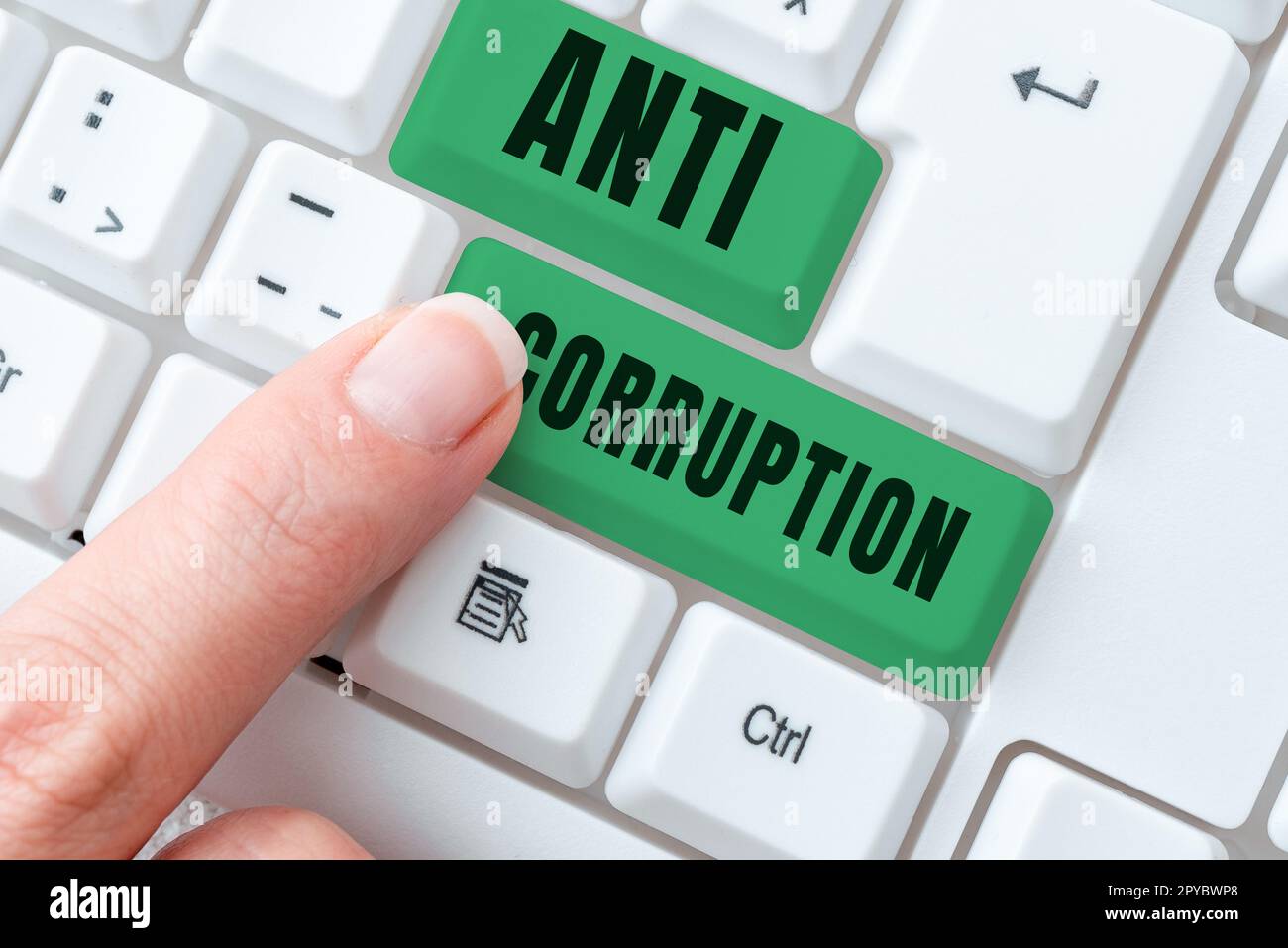 Schild mit Anti-Korruptions-Anzeige. Das Wort, das auf Vorschriften geschrieben wurde, stoppt die Einkommenserzeugung durch illegale Handlungen Stockfoto