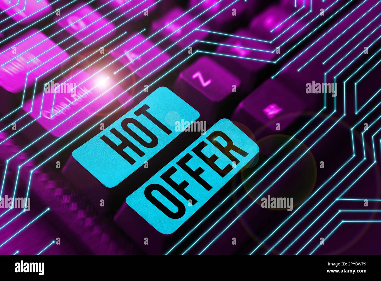 Schild mit „Hot Offer“. Wort auf Produkt oder Programm geschrieben, das zu reduzierten Preisen oder Tarifen angeboten wird Stockfoto