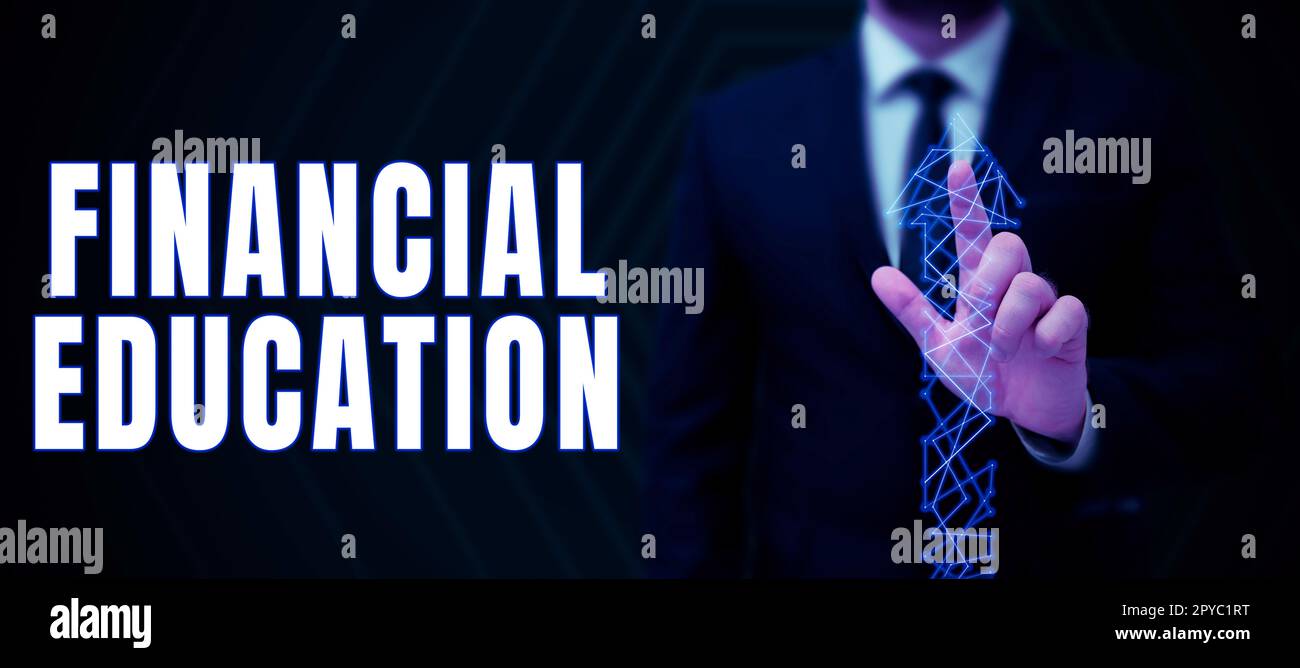 Handgeschriebenes Schild Financial Education. Geschäftsansatz Verständnis von Währungsbereichen wie Finanzen und Investitionen Stockfoto
