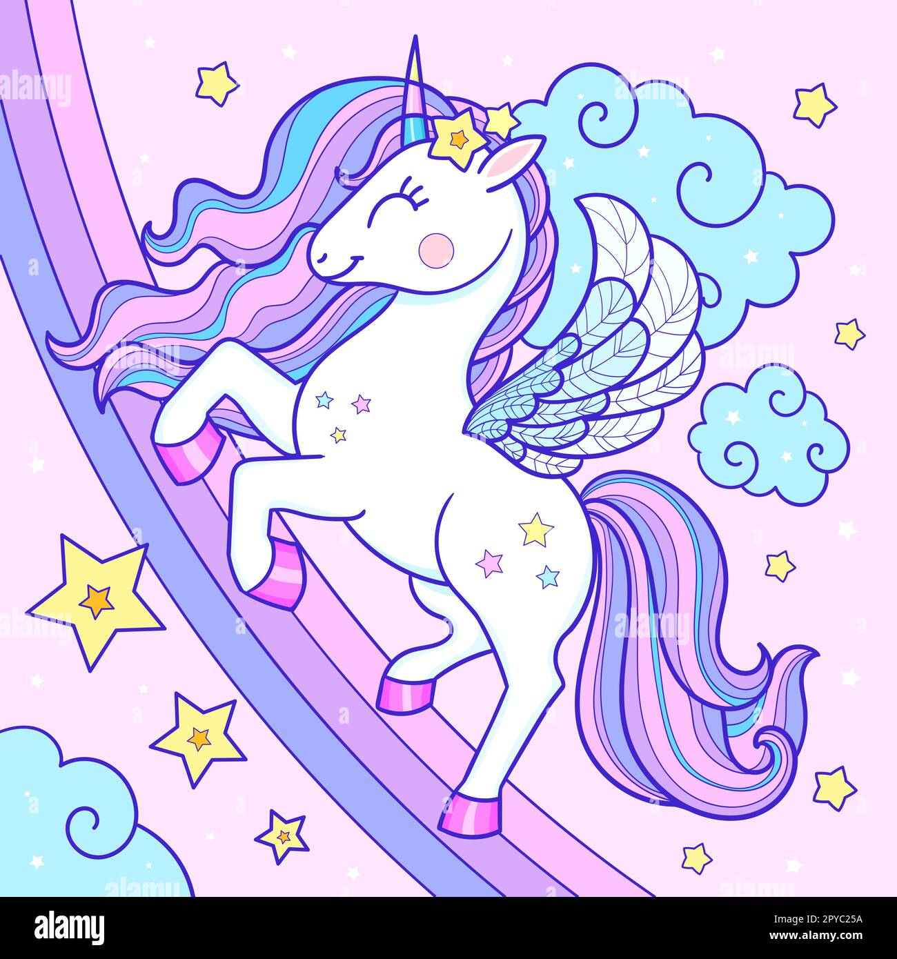 Süßes Cartoon-Einhorn und Regenbogen. Vektordarstellung Stock Vektor