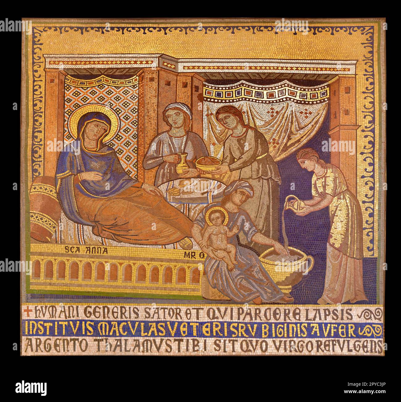 Stoke Firm Minton Hollins' Kopie Fliesenmosaik des Pietro Cavallini Mosaiks 'Geburt der Jungfrau' in der Kirche Sta. Maria Trastevere, Rom. Stockfoto