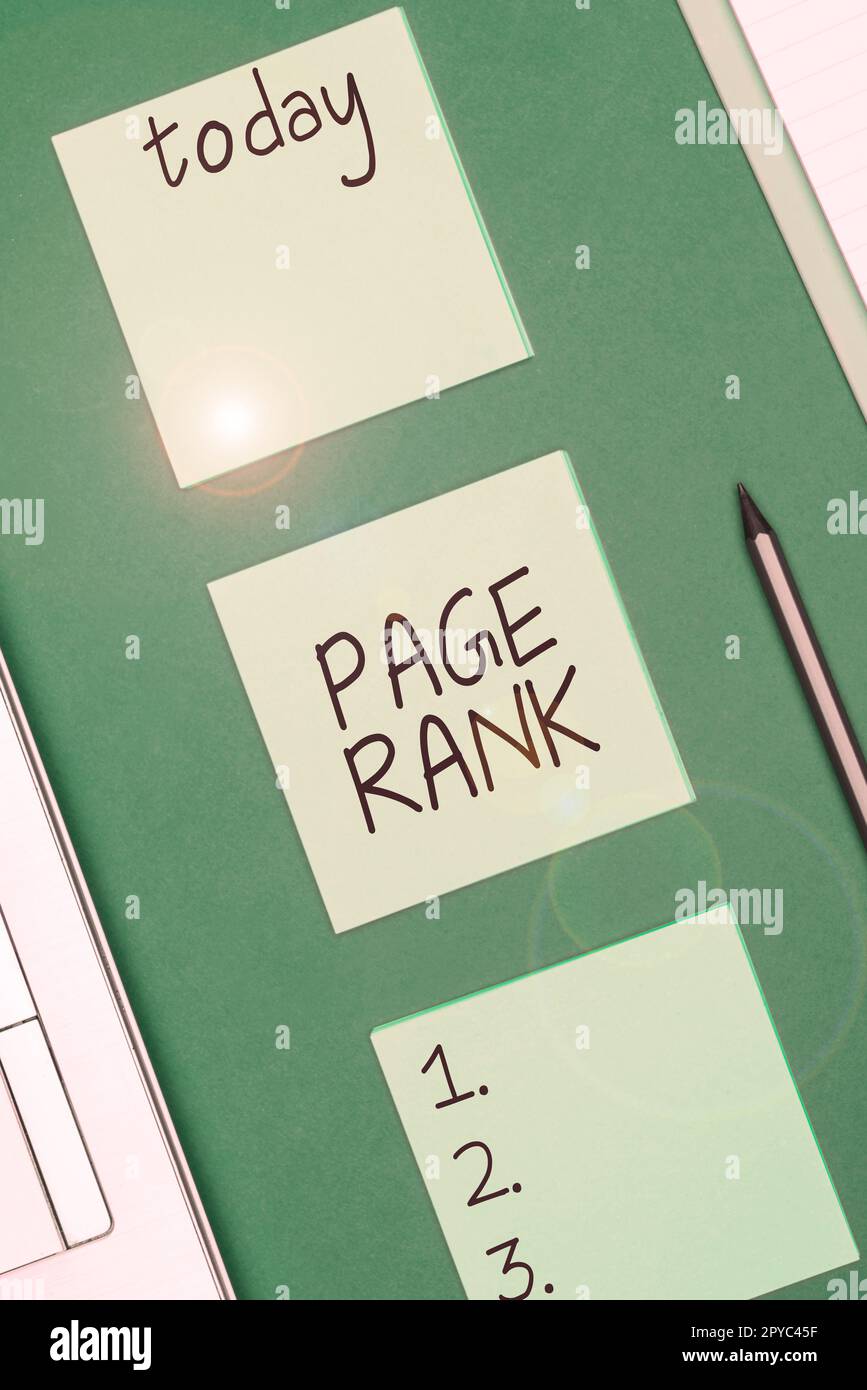 Textüberschrift mit Seitenrang. Geschäftsansatz ein Wert, der einer Webseite als Maß für ihre Beliebtheit zugewiesen wird Stockfoto