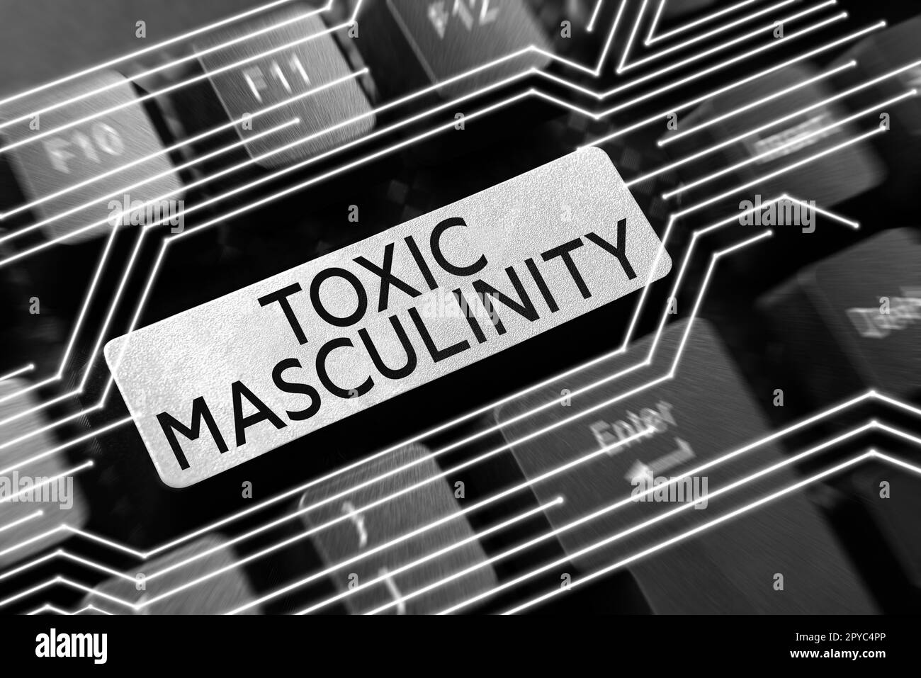 Zeichen mit toxischer Männlichkeit. Das Wort für beschreibt enge repressive Ideen zur Rolle des männlichen Geschlechts Stockfoto