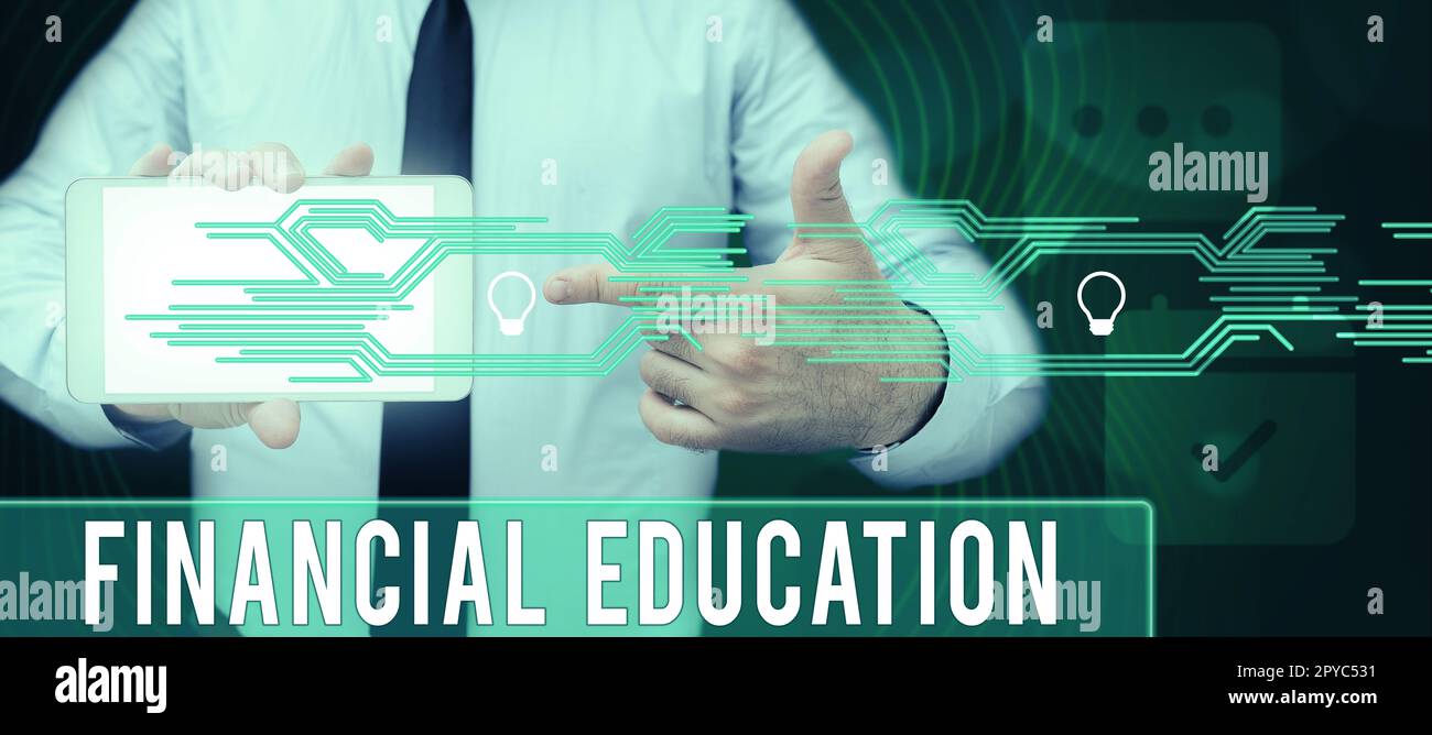 Handgeschriebenes Schild Financial Education. Geschäftsüberblick Verständnis von Währungsbereichen wie Finanzen und Investitionen Stockfoto