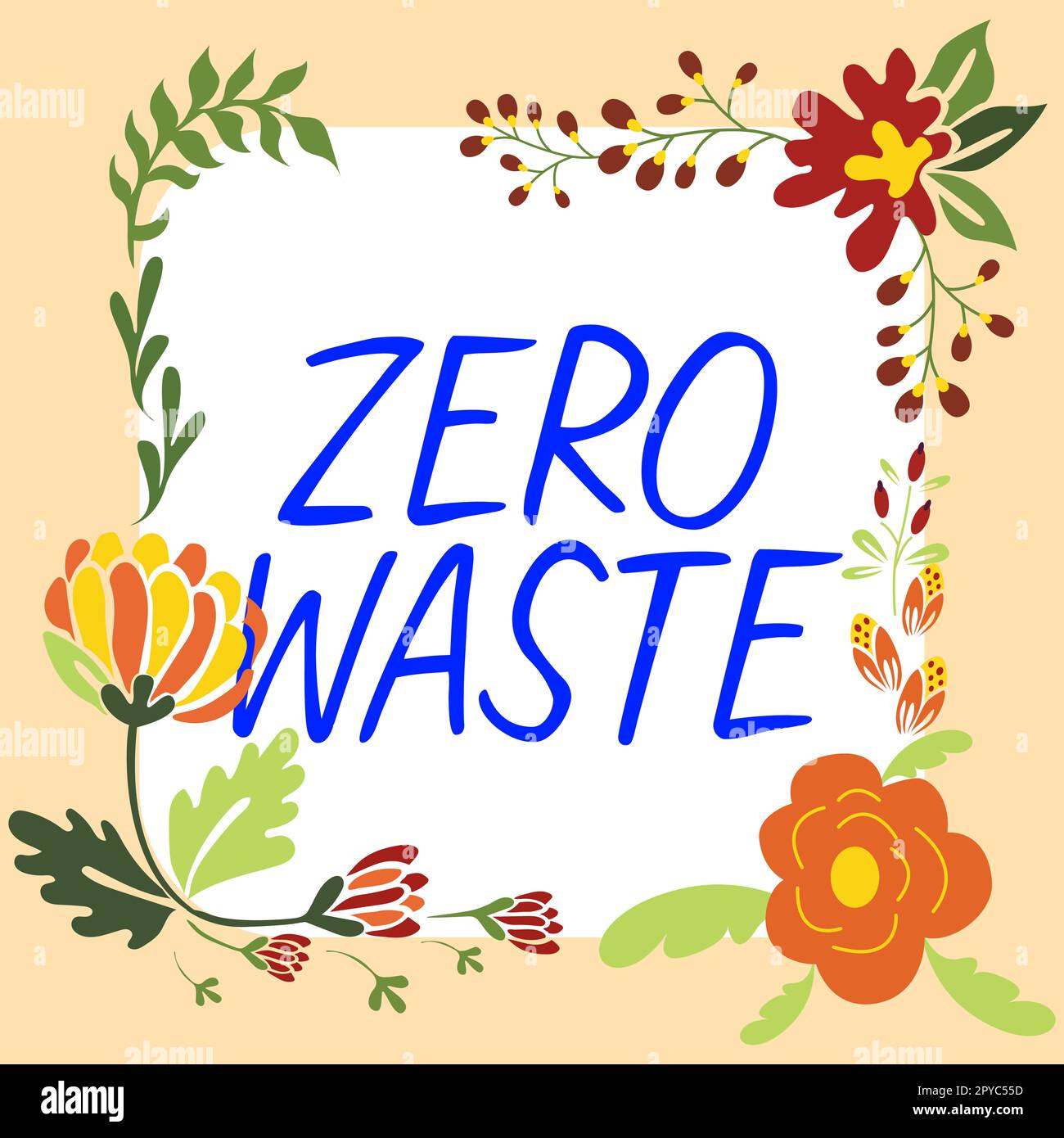 Schild mit der Aufschrift „Null Verschwendung“. Das Konzept der industriellen Verantwortung umfasst Kompostierung, Recycling und Wiederverwendung Stockfoto