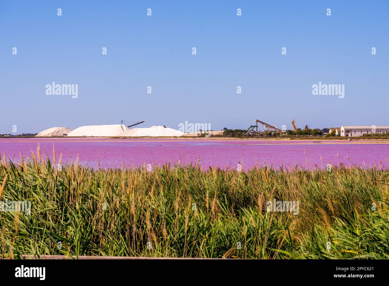 Die Salzproduktion, die rosafarbene Lagune und die Hügel im Mittelmeer befinden sich in Aigues-Mortes. Camargue, Frankreich. Fotos in hoher Qualität. Hochwertiges Fotopapier Stockfoto