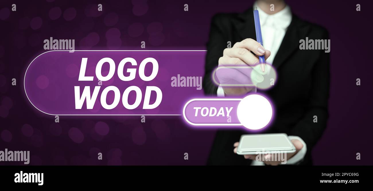 Konzeptionelle Darstellung Logo Holz. Konzeptionelles, fotografisches Design oder Symbol eines Unternehmens, das auf Holz eingeschrieben ist Stockfoto
