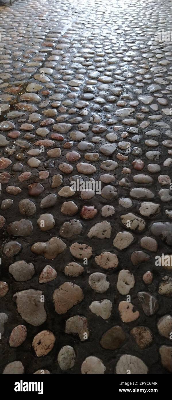 Pflastersteine aus runden, hellen Steinen, ähnlich wie Marmor. Gepflasterter Platz in der Altstadt von Sarajevo, Bosnien und Herzegowina. Wunderschöne nasse, glänzende Steine nach Regen. Nahaufnahme bei Tageslicht Stockfoto