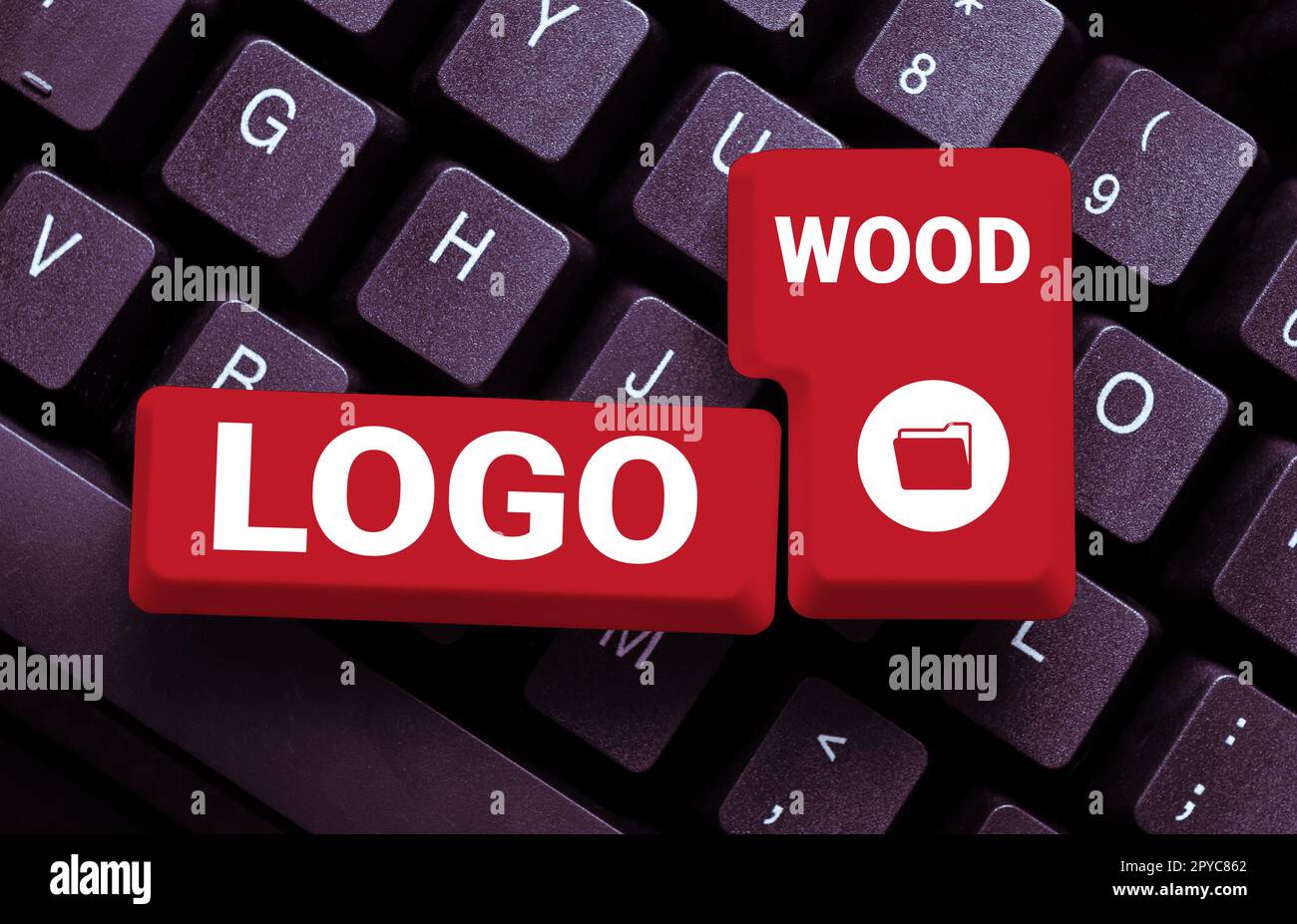 Schild mit Logo Holz. Business-Showcase von wiedererkennbarem Design oder Symbol eines Unternehmens, das auf Holz eingeschrieben ist Stockfoto