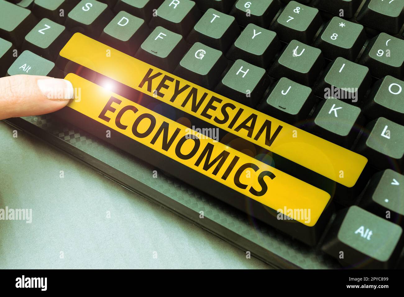 Begrifflicher Titel Keynesianische Ökonomie. Konzeptionelle fotografische monetäre und finanzpolitische Programme der Regierung zur Steigerung der Beschäftigung Stockfoto