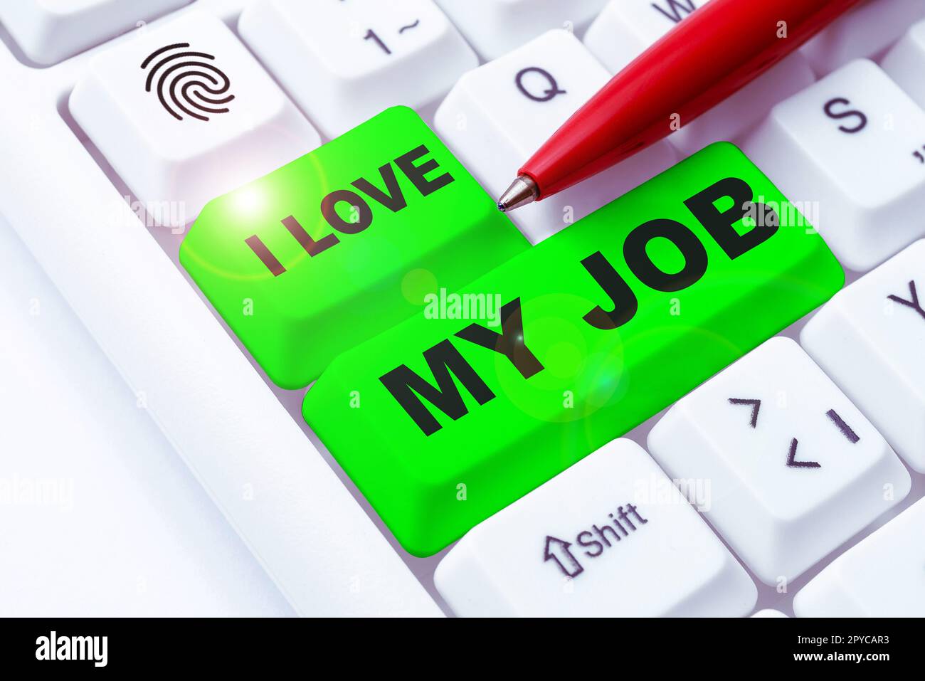 Textunterschrift mit „I Love My Job“. Internetkonzept, jemandem zu sagen, dass Sie Ihren aktuellen Beruf bewundern Stockfoto