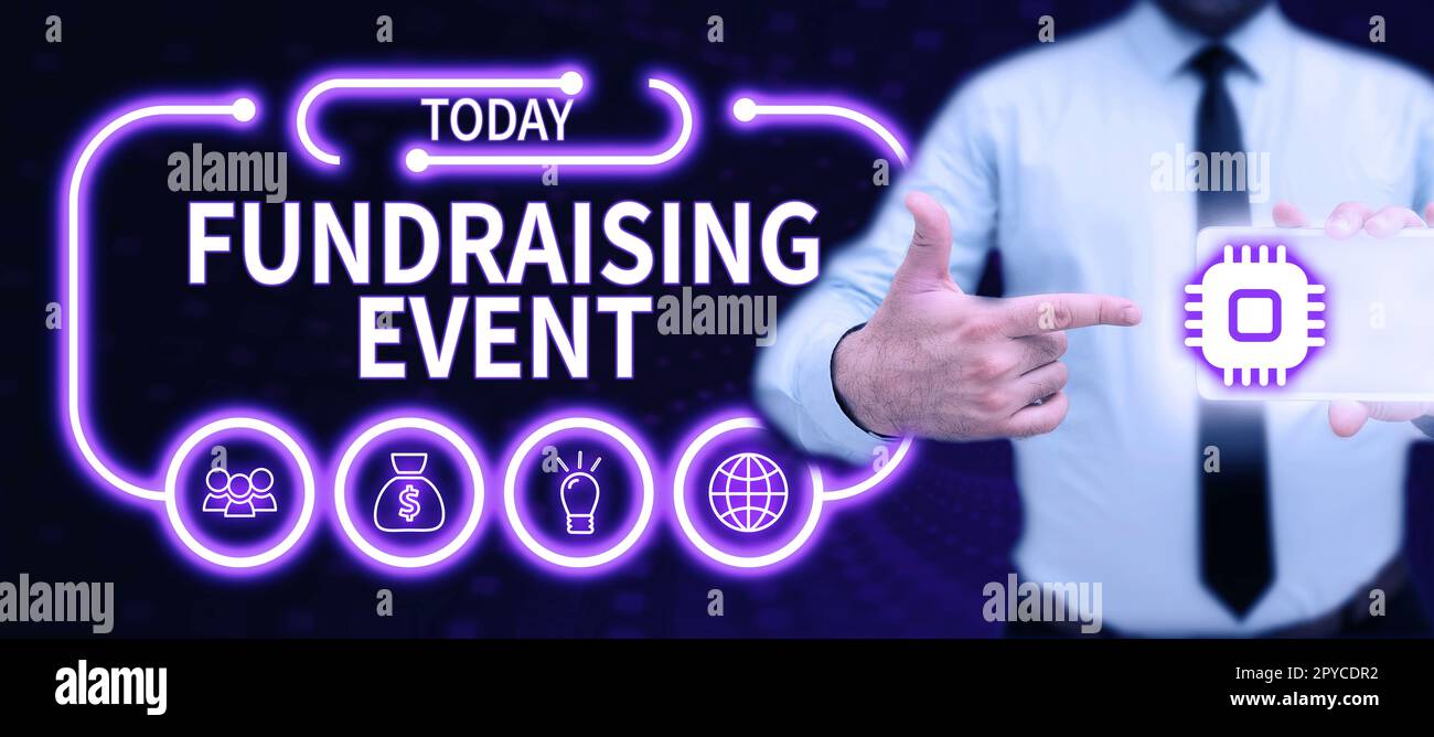 Schild mit Fundraising-Veranstaltung. Kampagne zur Geschäftsüberblick, deren Zweck es ist, Geld für eine Sache zu sammeln Stockfoto