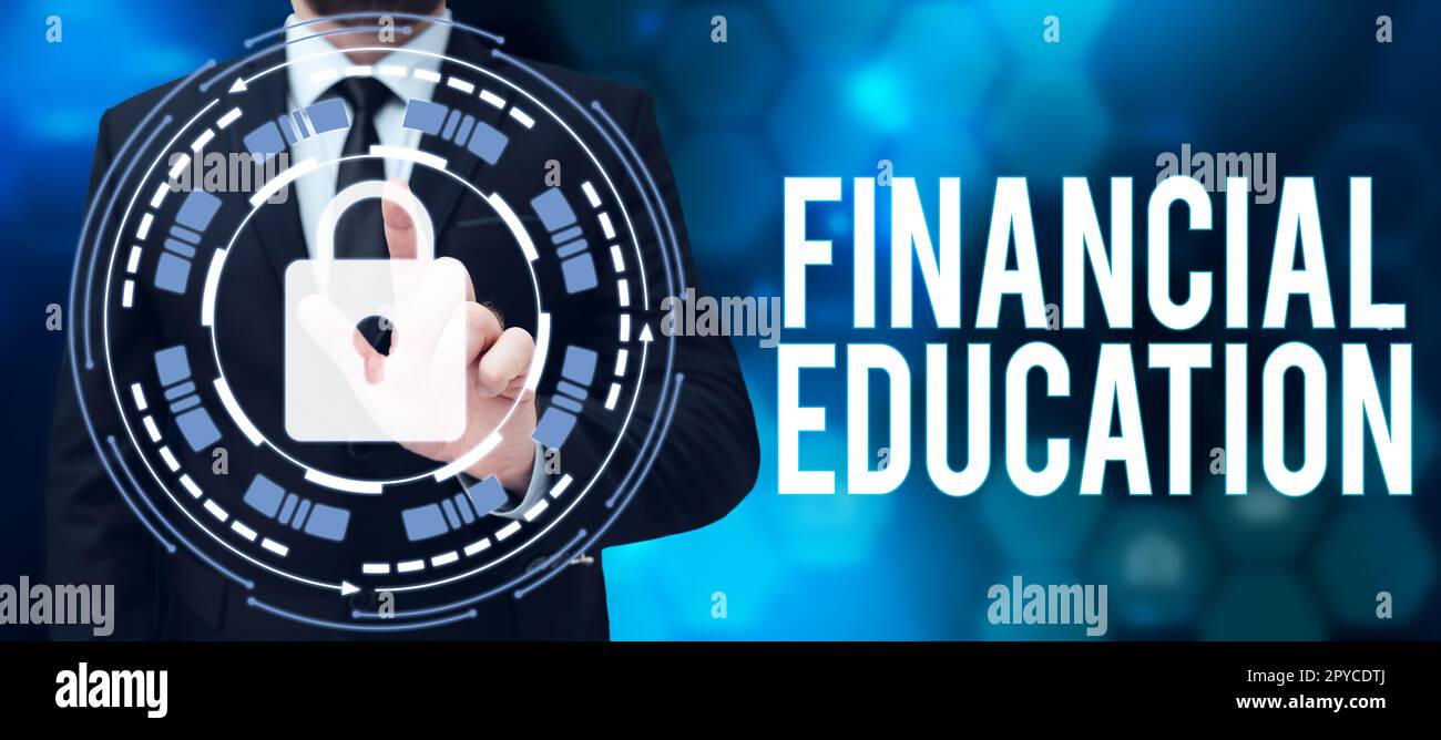 Inspiration zeigt Zeichen Financial Education. Geschäftsidee das Verständnis von Währungsbereichen wie Finanzen und Investieren Stockfoto