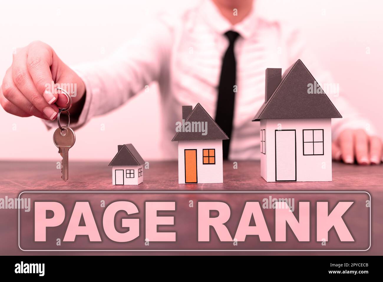 Textzeichen, das den Seitenrang anzeigt. Wort, das auf einem Wert geschrieben wird, der einer Webseite zugewiesen ist, um ihre Beliebtheit zu messen Stockfoto