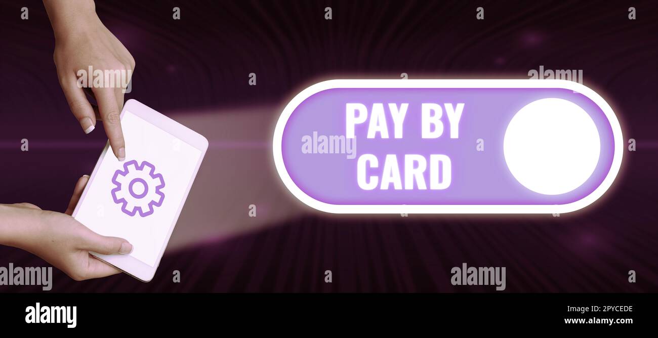 Schild mit Kartenzahlung. Geschäftsidee Zahlungen auf Kredit, Lastschrift, elektronisches virtuelles Einkaufen von Geldern Stockfoto