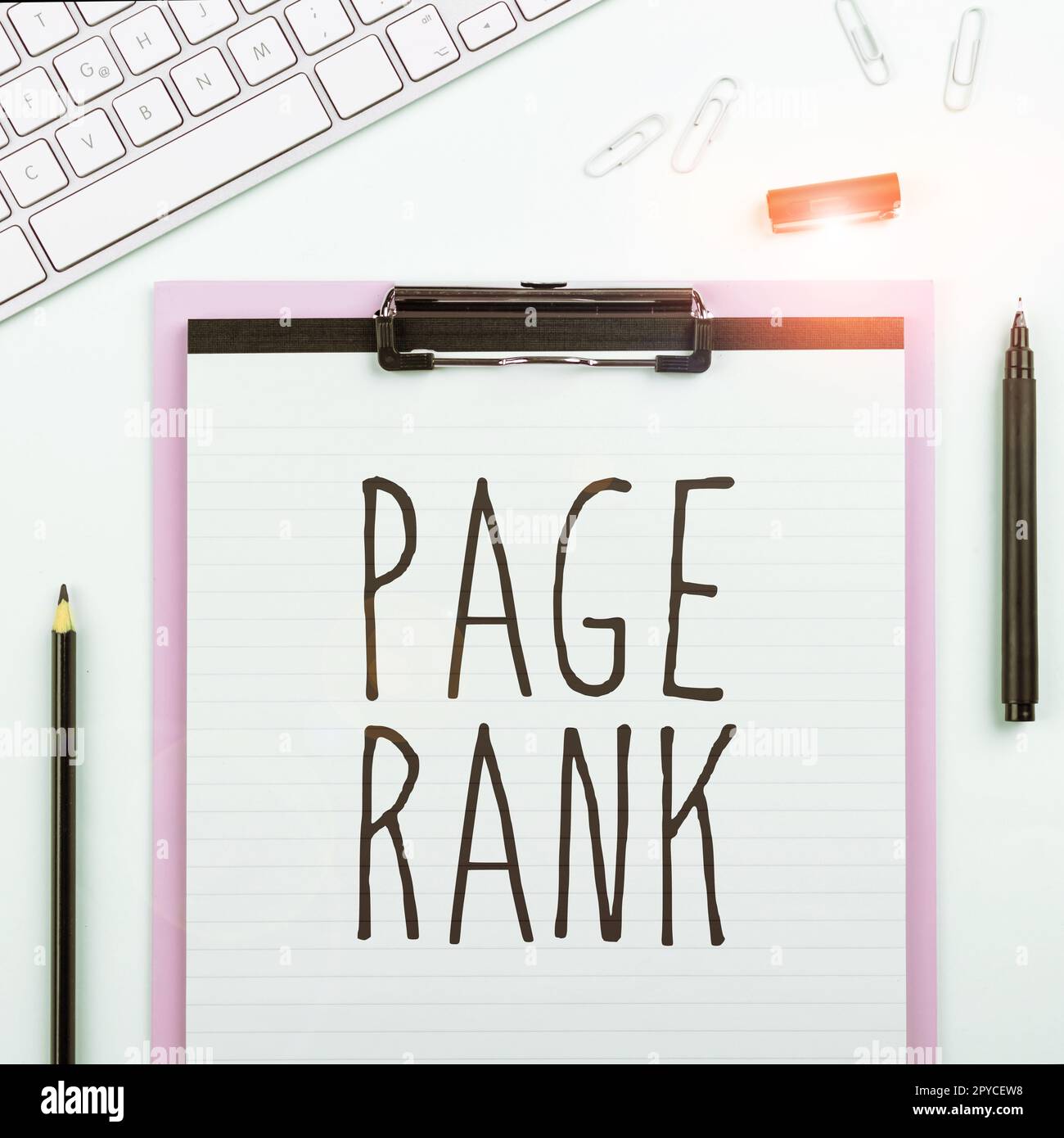 Inspiration mit Seitenrangfolge der Schilder. Geschäftsansatz ein Wert, der einer Webseite als Maß für ihre Beliebtheit zugewiesen wird Stockfoto