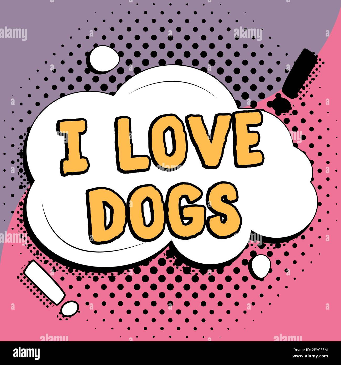 Schild mit „I Love Dogs“. Das Wort heißt, ich habe gute Gefühle gegenüber Eckzähnen, um Haustiere zu mögen Stockfoto