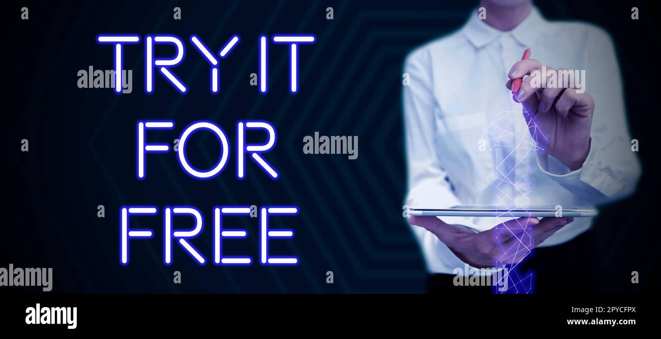 Schild mit der Aufschrift „Try IT for Free“. Kostenlose Testversion des Internetkonzepts Angebot großer Rabatt Stockfoto