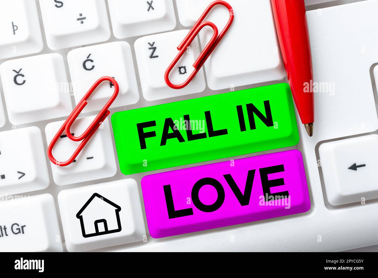 Handgeschriebenes Schild "Fall in Love". Geschäftsansatz von jemandem begeistert oder begeistert Stockfoto