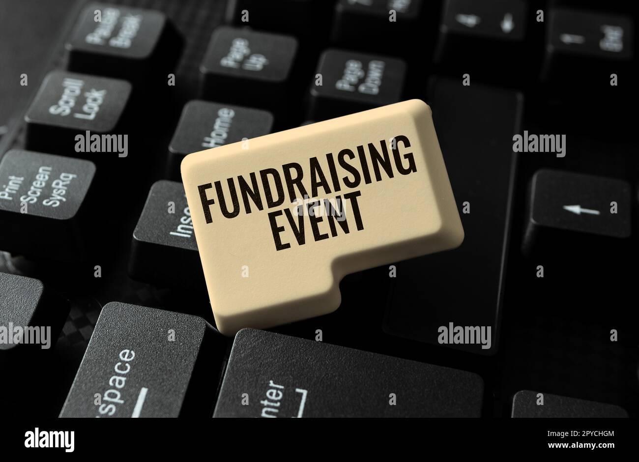 Textüberschrift für Fundraising-Veranstaltung. Konzeptionelle Fotokampagne, deren Zweck es ist, Geld für eine Sache zu sammeln Stockfoto