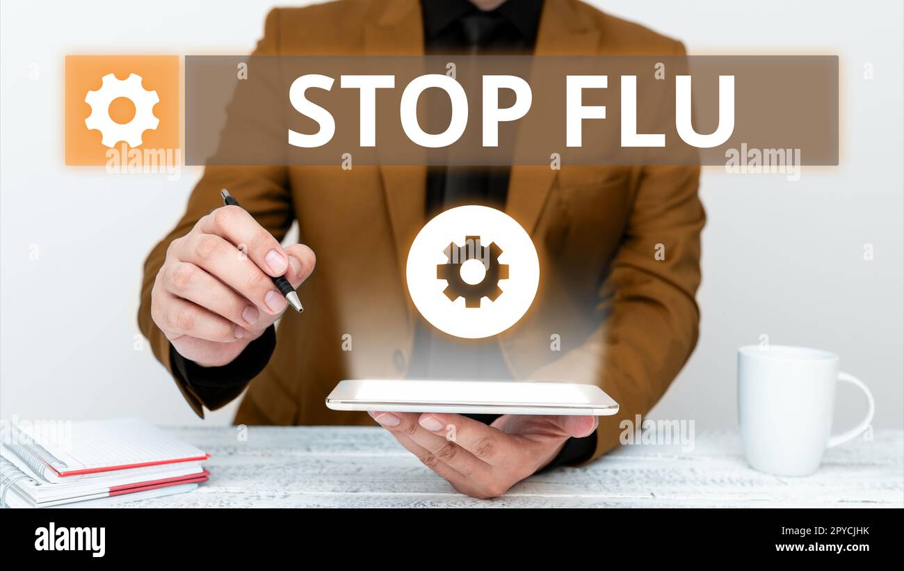Schreiben Anzeigetext Stop Grippe. Wort für die Behandlung der ansteckenden Atemwegserkrankung, die durch Grippevirus verursacht wird Stockfoto