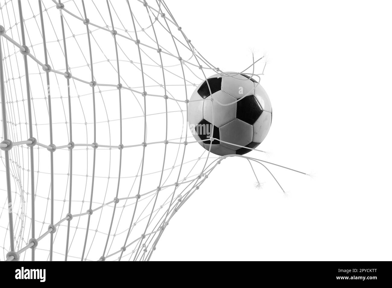 Fußball bricht bei einem Fußballspiel durch das Netz. 3D-Rendering Stockfoto