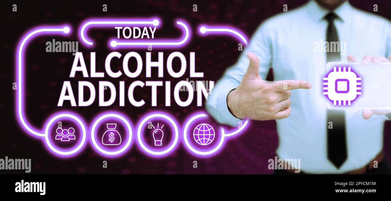 Text für inspiratorische Alkoholabhängigkeit. Wort für gekennzeichnet durch häufigen und übermäßigen Konsum alkoholischer Getränke Stockfoto