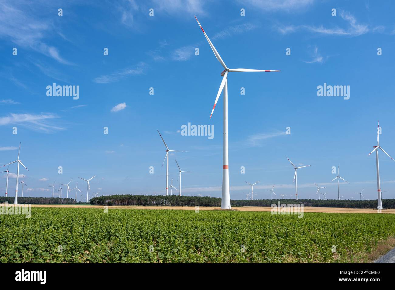 Moderne Windturbinen mit blauem Himmel in Deutschland Stockfoto