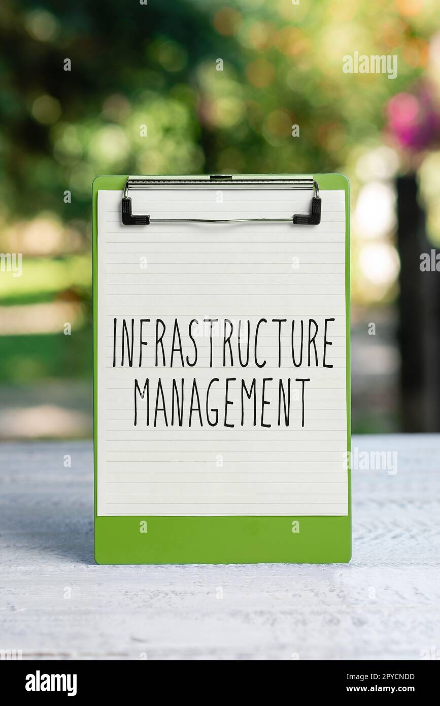 Handschriftliches Schild Infrastructure Management. Business Showcase Minimieren Sie Ausfallzeiten, und halten Sie die Unternehmensproduktivität aufrecht Stockfoto