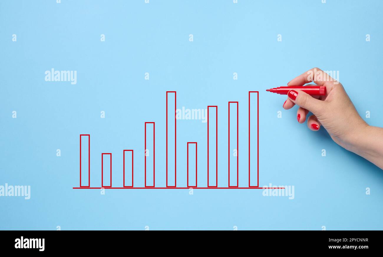 Grafik mit wachsenden Indikatoren und einer weiblichen Hand mit einem Marker auf blauem Hintergrund. Das Konzept erfolgreicher Geschäftsabschlüsse, Inflation und steigender Preise Stockfoto