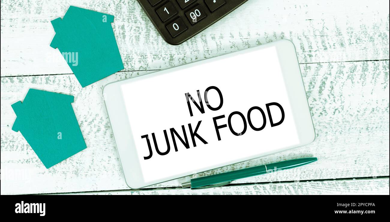Handschrift Text No Junk Food. Word for Stop Essen ungesunde Dinge gehen auf eine Diät aufgeben Burger Pommes frites Stockfoto