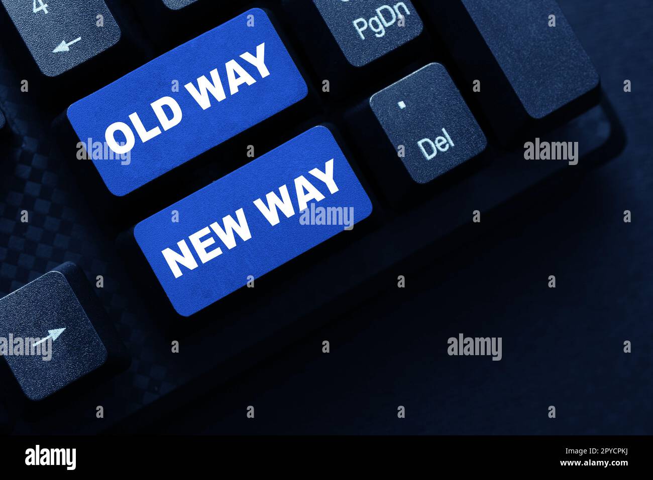 Schild mit der Aufschrift „Old Way New Way“. Man kann sagen, wie man es tun kann, zum Beispiel, welche Maßnahmen man ergreifen kann Stockfoto
