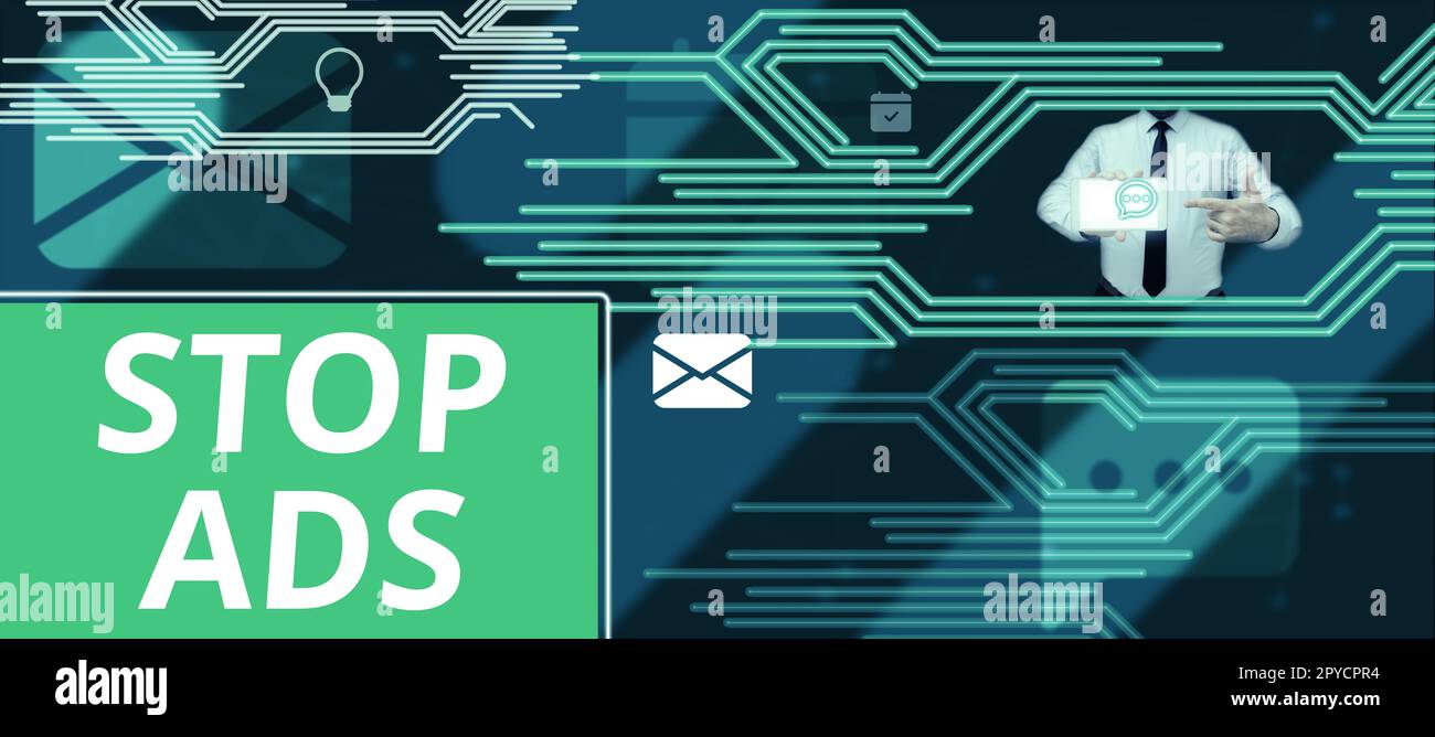 Konzeptionelle Überschrift Stop Ads. Business Overview-Programm, das verschiedene Arten von Werbung aus dem Web entfernt Stockfoto