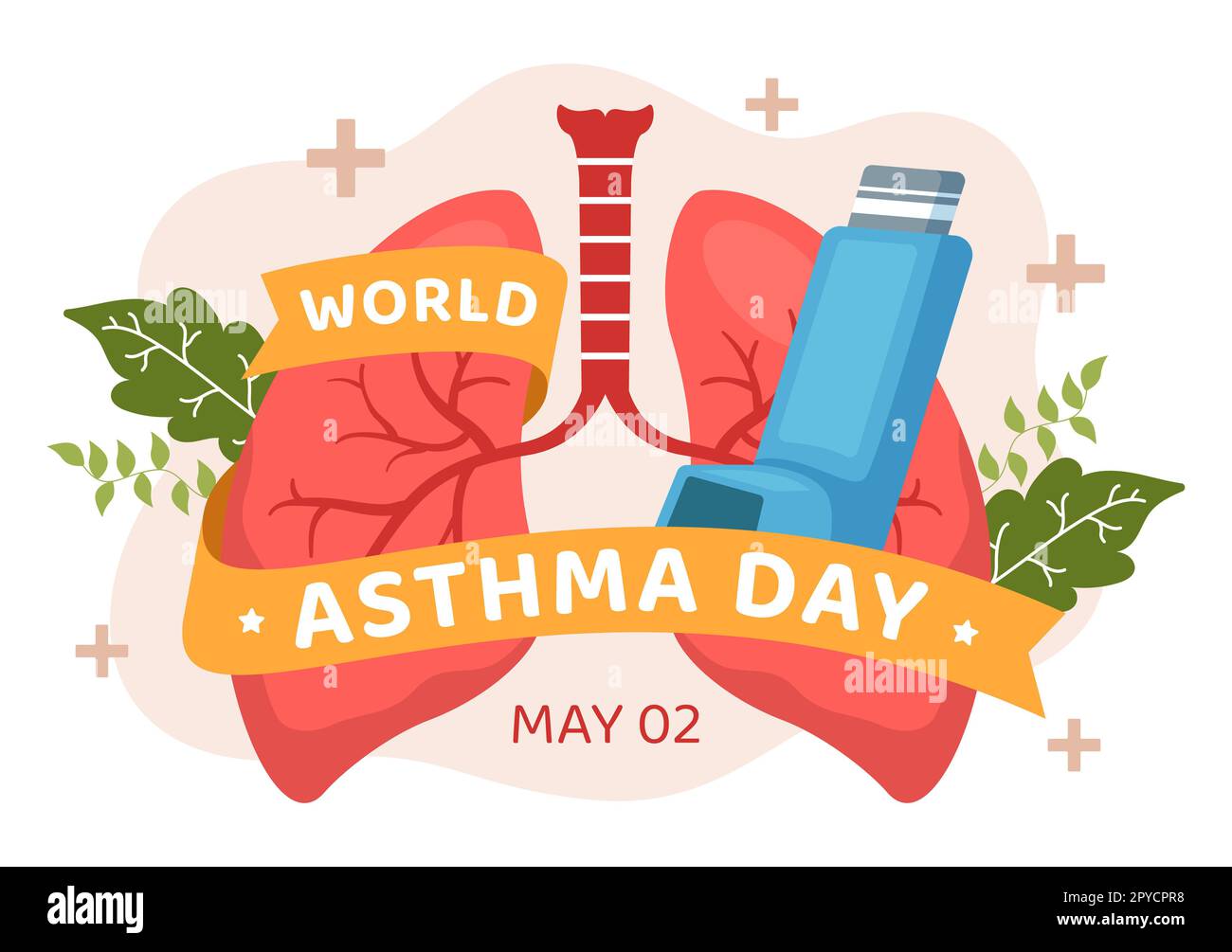 World Asthma Day am 2. Mai Illustration mit Inhalator und Health Prevention Lungen in flachem Cartoon Hand gezeichnet für Web Banner oder Landing Page Templates Stockfoto