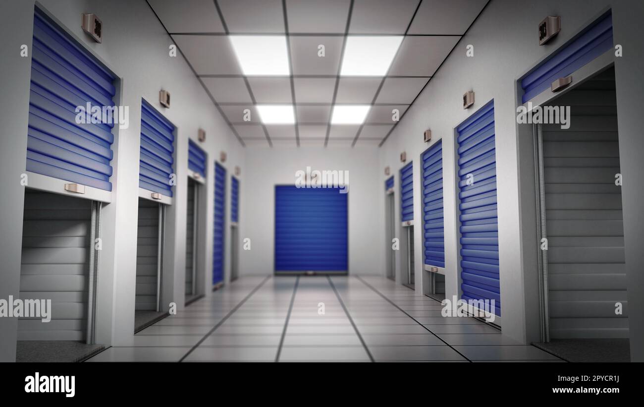 Lagerräume mit offenen, geschlossenen und halb offenen Türen 3D Abbildung Stockfoto