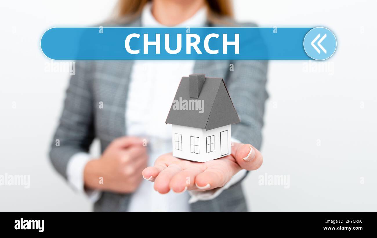 Schild mit der Kirche. Business Approach Gebäude für öffentliche christliche Gottesdienste religiöser spiritueller Ort Stockfoto