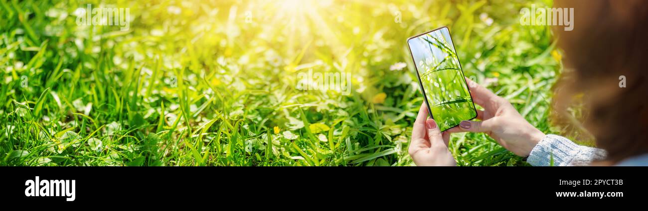 Frau, die an sonnigen Tagen Fotos von der Natur macht. Stockfoto