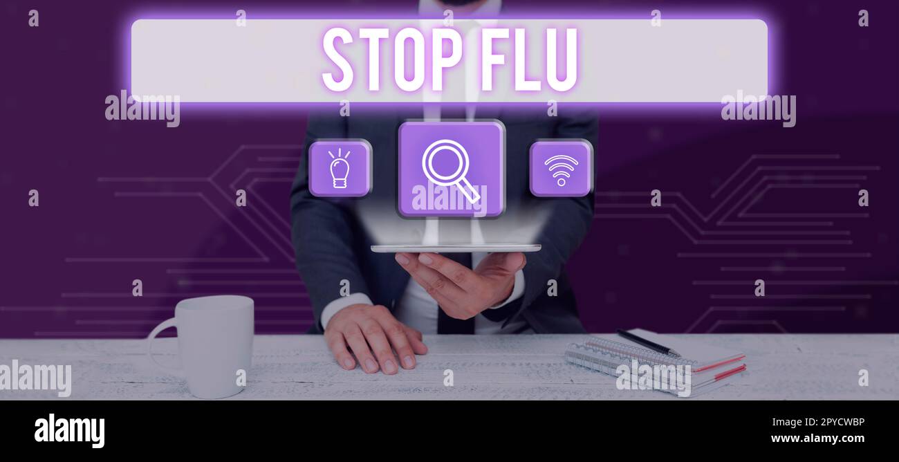 Schreiben Anzeigetext Stop Grippe. Wort geschrieben über die Behandlung der ansteckenden Atemwegserkrankung durch Influenza-Virus Stockfoto