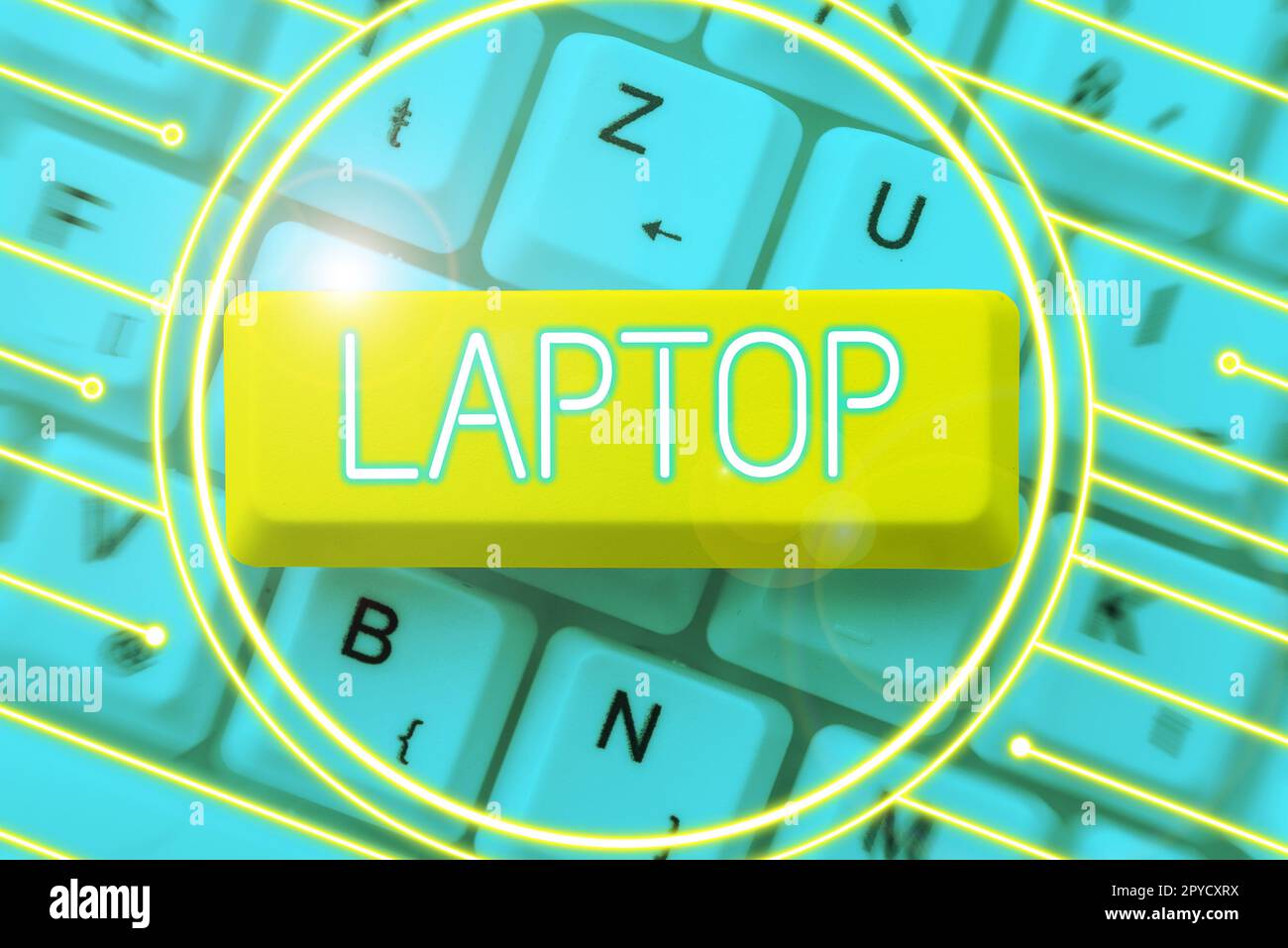 Handschriftliches Schild Laptop. Konzept für Computer, der tragbar und für die Verwendung auf Reisen geeignet ist Stockfoto