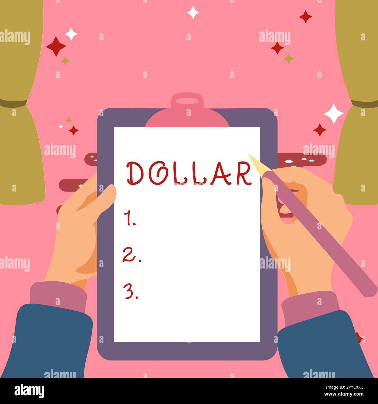 Schreiben mit Anzeige des Textes "Dollar". Ein Wort für ein Stück Papiergeld im Wert von einem Dollar US-Notenschein Stockfoto
