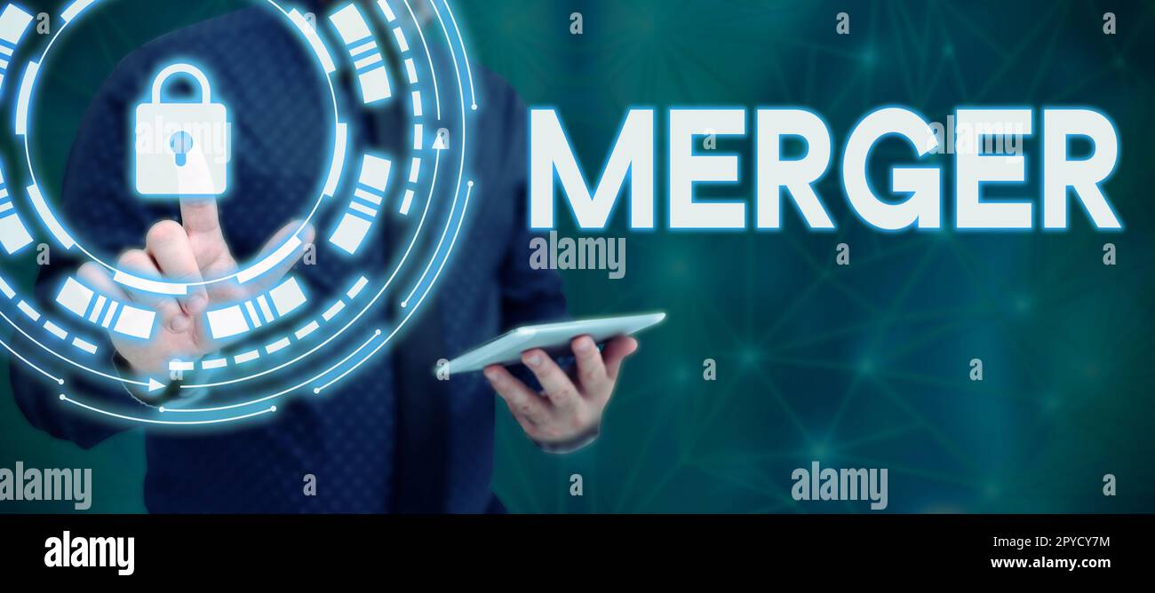 Schild mit Anzeige der Zusammenführung. Konzept bedeutet Kombination zweier Dinge, vor allem Unternehmen bilden eine Einheit Stockfoto