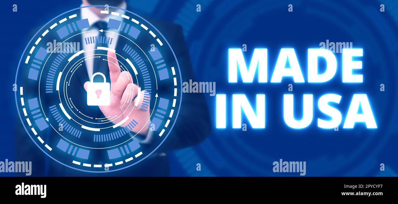 Schild, das „Made in USA“ anzeigt. Internetkonzept amerikanische Marke USA hergestelltes lokales Produkt Stockfoto