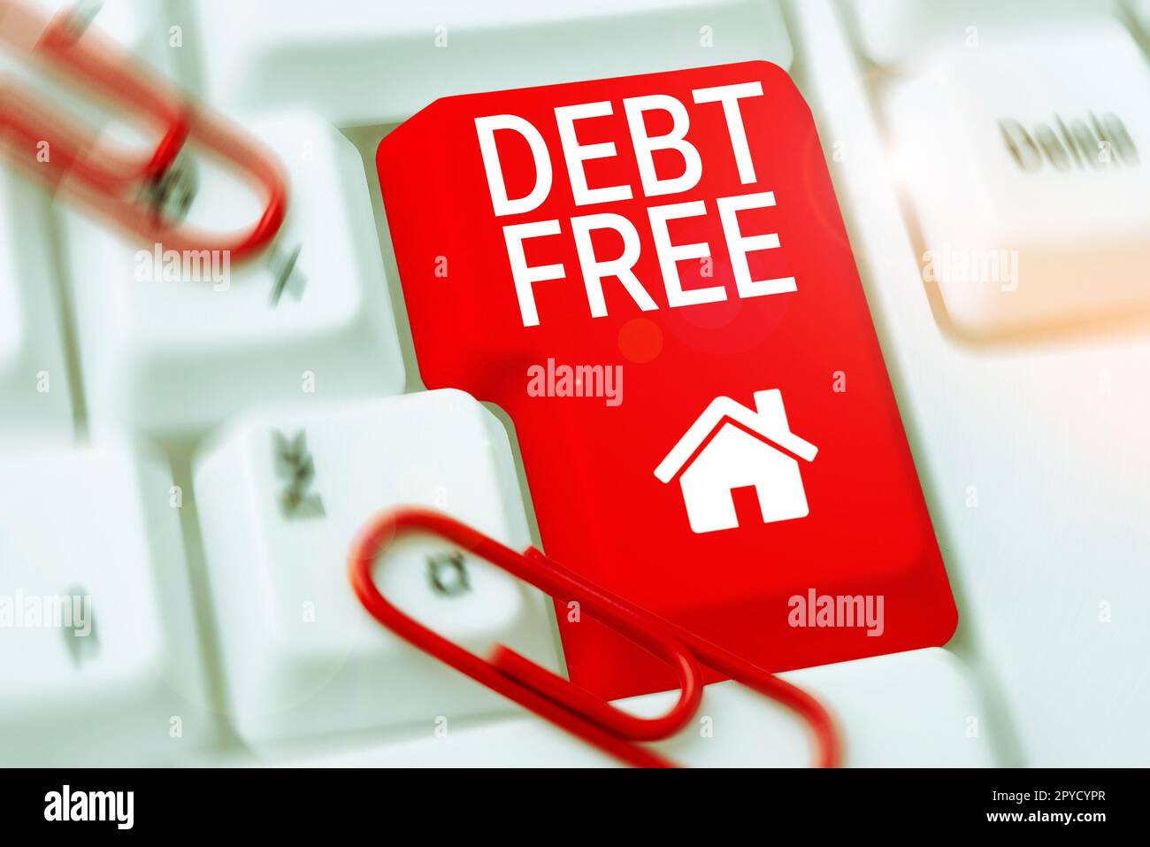 Inspiration mit Schild „Debt Free“. Das Wort für finanzielle Freiheit, die kein Geld schuldet, erfolgreiches Geschäft Stockfoto