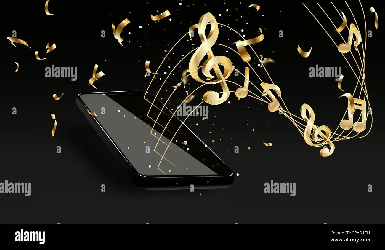 Goldene Musiknotizen und Mobiltelefon auf schwarzem Hintergrund. Stock Vektor