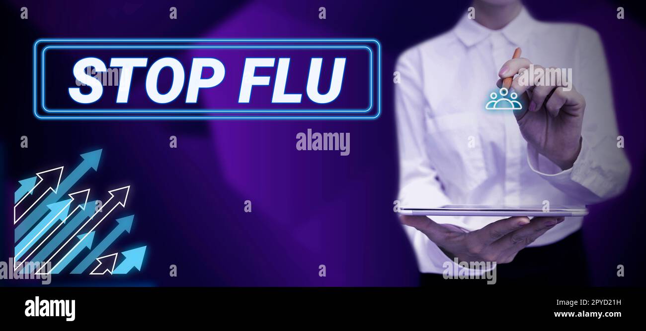 Schreiben Anzeigetext Stop Grippe. Geschäftsübersicht Behandlung der ansteckenden Atemwegserkrankung durch Grippevirus Stockfoto