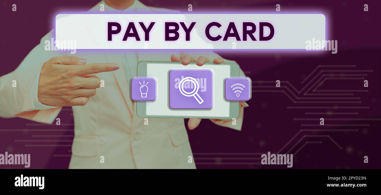 Schild mit Kartenzahlung. Geschäftskonzept Zahlungen auf Kredit, Lastschrift, elektronisches virtuelles Einkaufen von Geldern Stockfoto