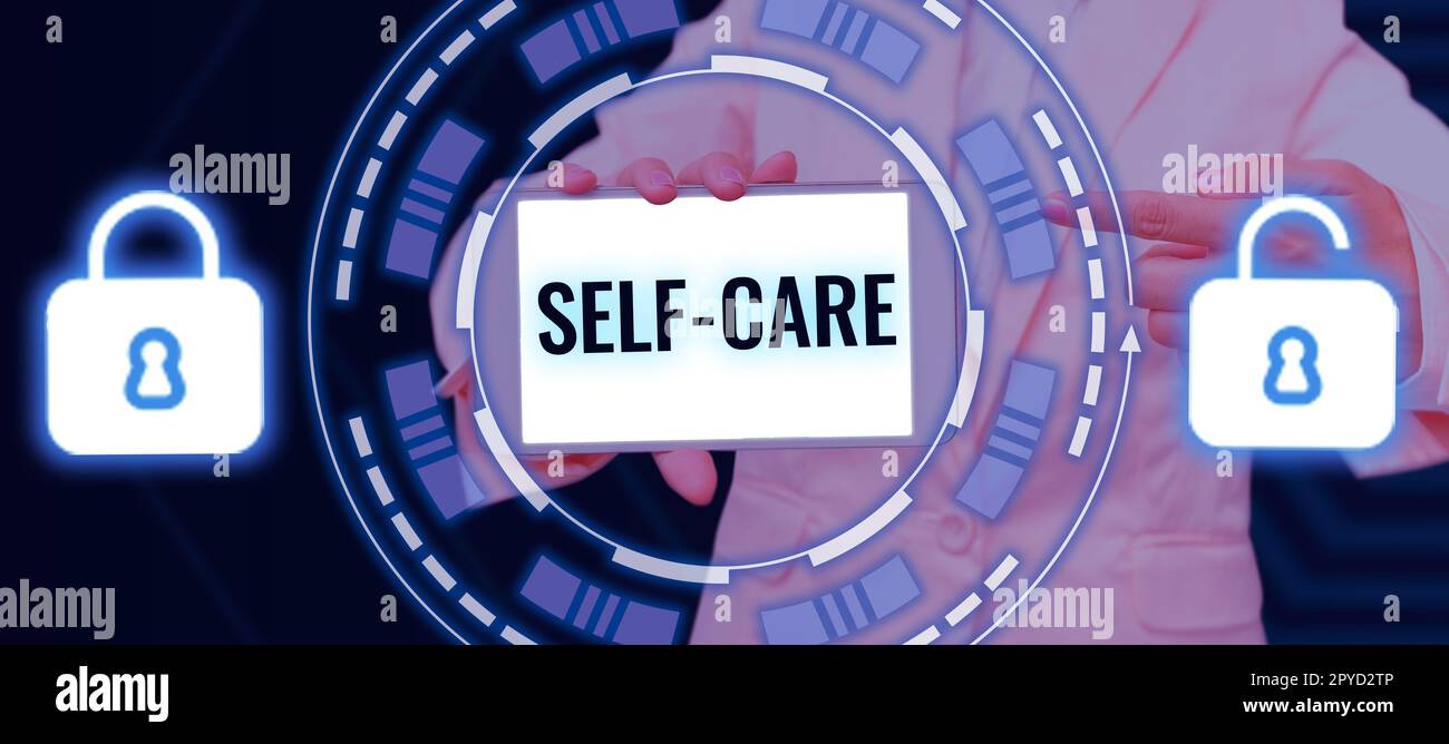 Handschriftlicher Text Self Care. Konzeptfoto die Praxis, Maßnahmen zu ergreifen, um die eigene Gesundheit zu verbessern Stockfoto